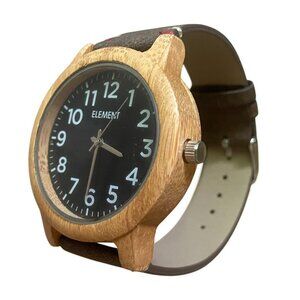 Element brown leather wood face mens wristwatch earthy boho minimalist 8.5"